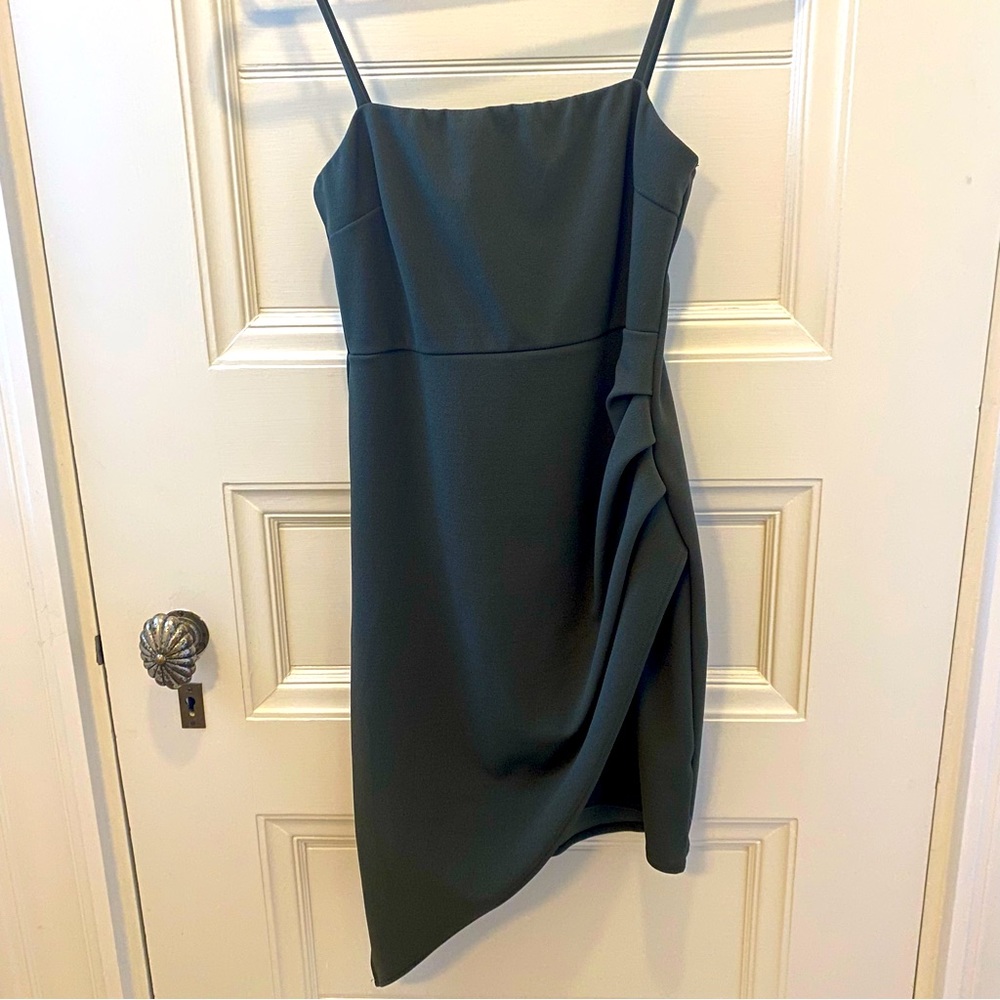 Asymmetrical mini dress, dark sage green, size S